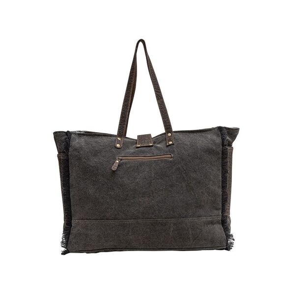 Myra Bag Handmade Flatey Weekender Bag Upcycled Canvas & Cowhide Leather - Picture 5 of 9